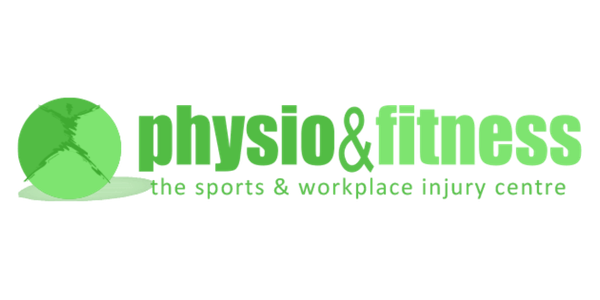 Logo for Physio & Fitness, a sports and workplace injury center, featuring a green figure running.