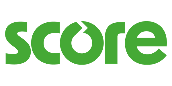 A green word 'score' with a stylized percentage symbol as part of the letter 'o'.