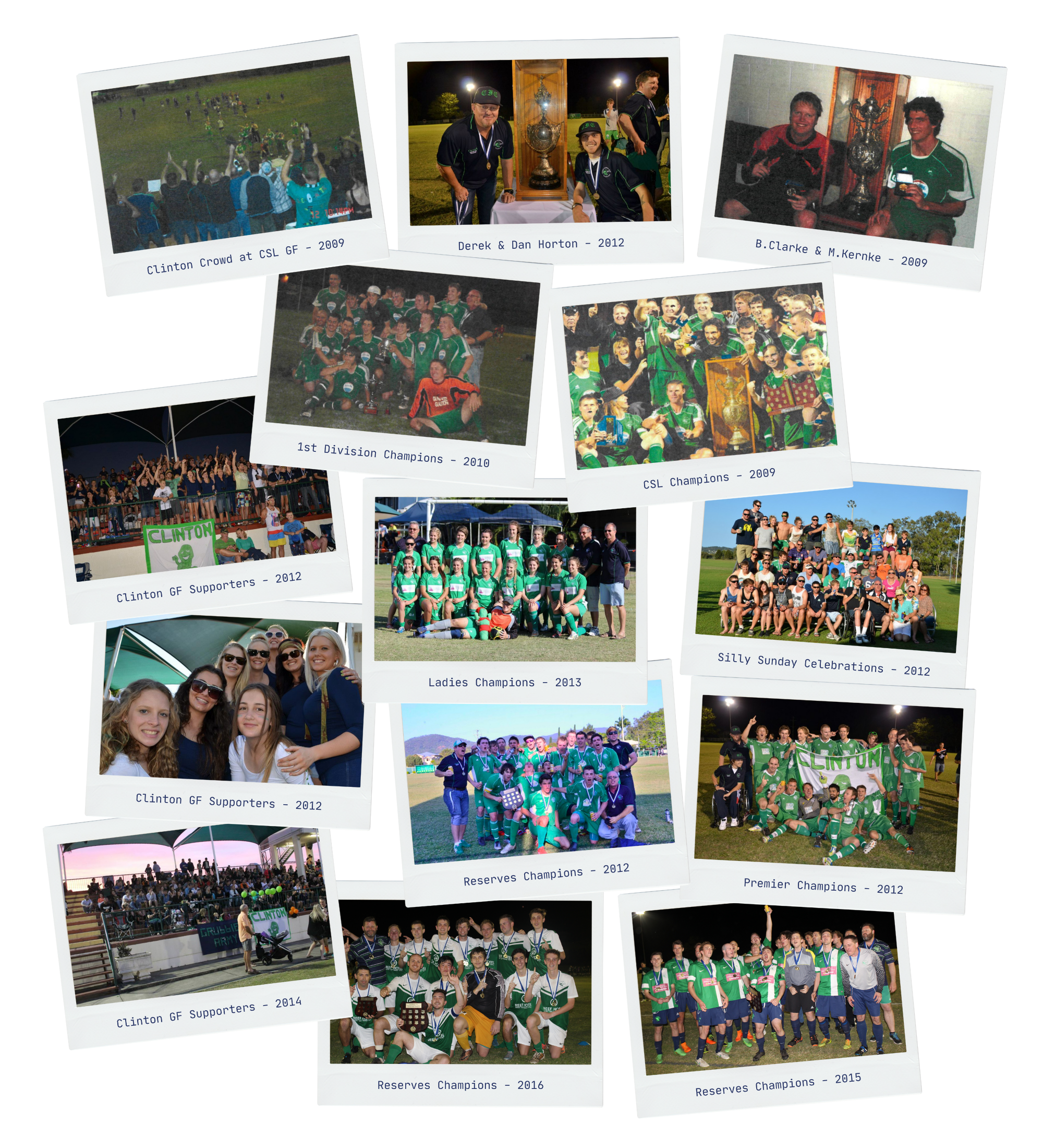 Collage of eleven photos showcasing a youth soccer team and supporters with various team achievements, supporters, and celebrations from 2009 to 2016.