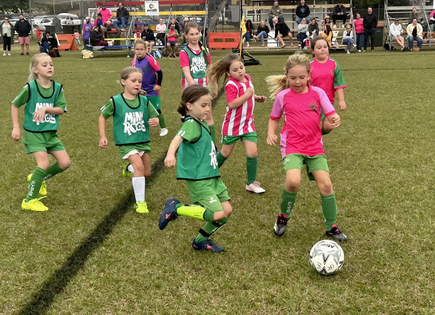 Young girls playing soccer on a field, with some wearing green jerseys and others in pink and red striped shirts, crowd watching from the bleachers.