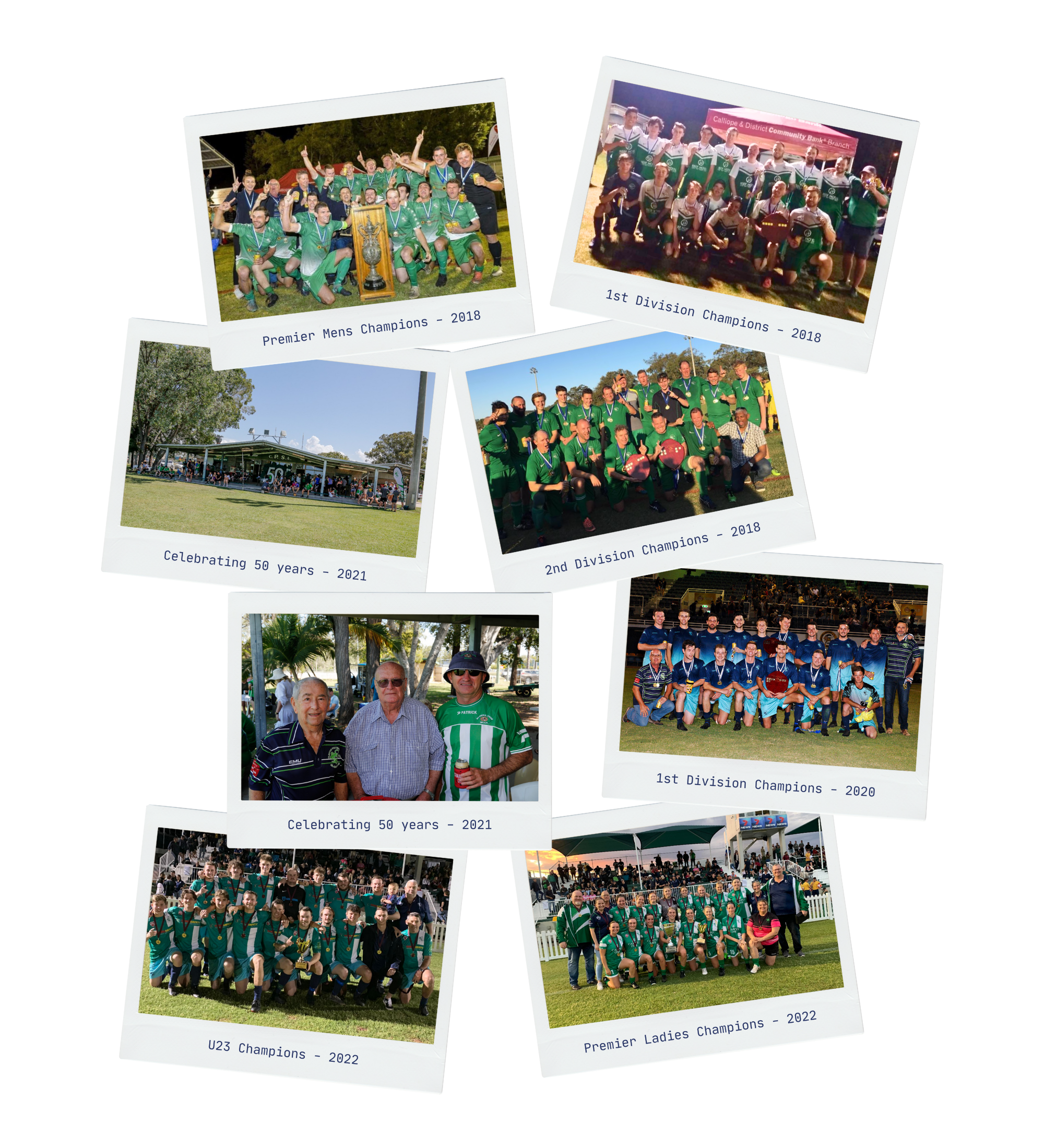 Collage of seven photographs showing a sports team celebrating championships and anniversaries, with team members, spectators, and event scenes from 2018 to 2022.