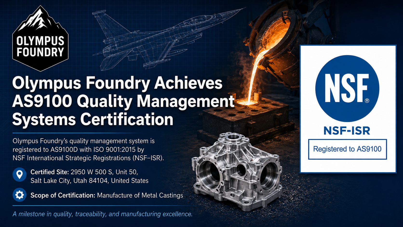 Olympus Foundry Achieves AS9100 Quality Management Certification From NSF International Strategic Registrations (NSF-ISR)
