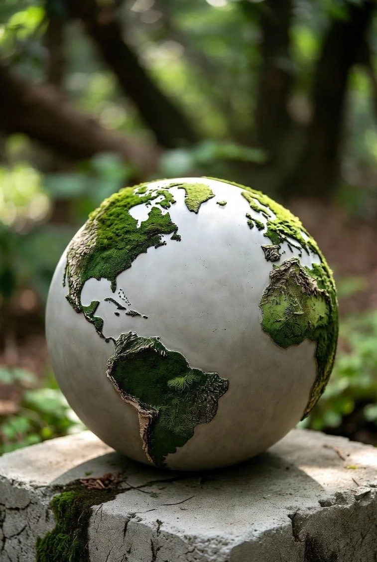 A sculpture of a globe with continents covered in moss, placed outdoors on a stone surface surrounded by trees.