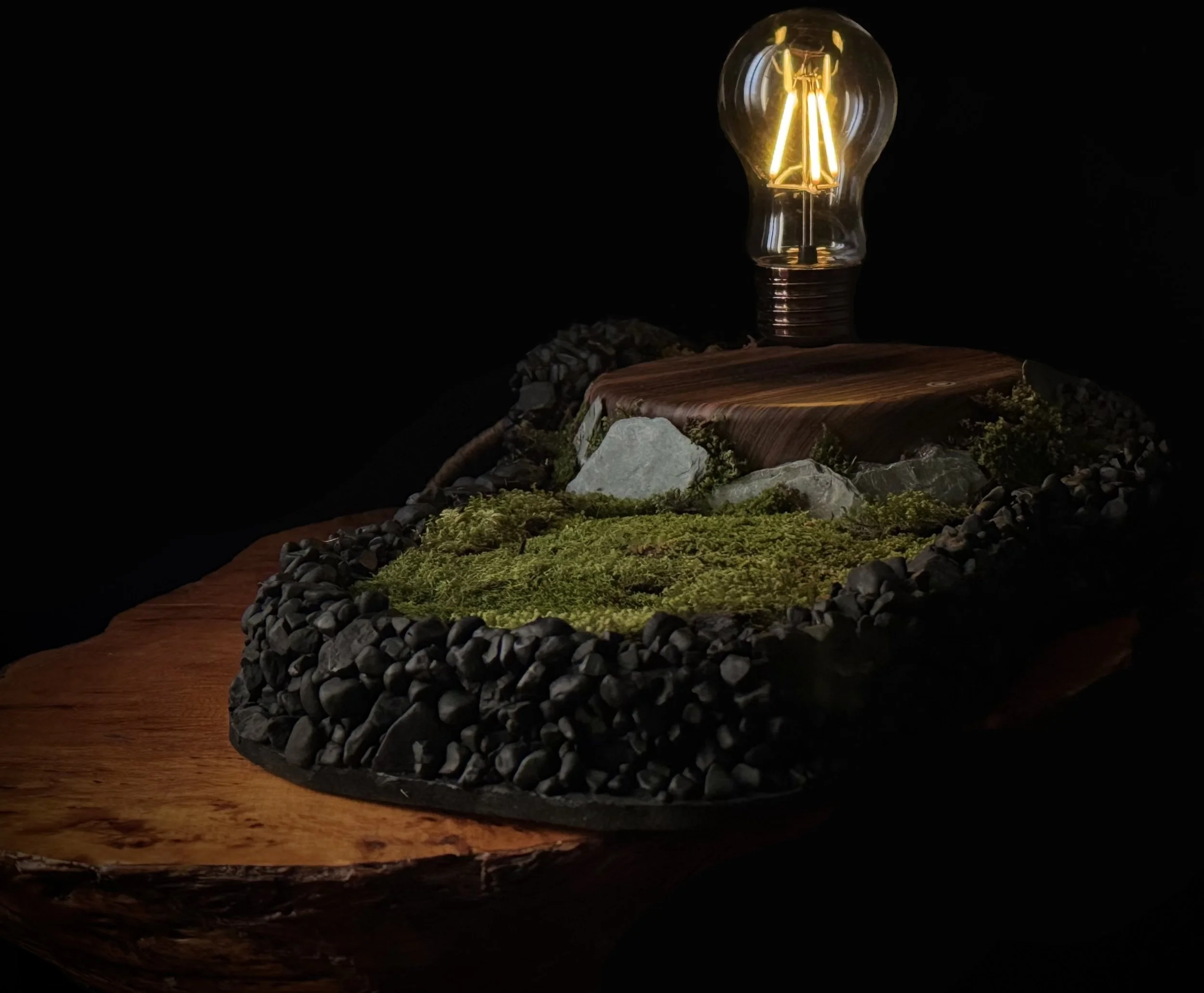 A decorative light fixture designed as a vintage-style light bulb on a wooden base, surrounded by moss, rocks, and pebble stones, set on a wooden surface with a dark background.