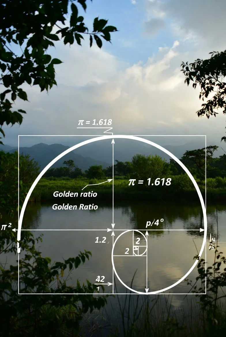 A natural landscape with a lake, trees, and mountains under a partly cloudy sky, overlaid with a geometric diagram of a golden rectangle and the Fibonacci spiral.