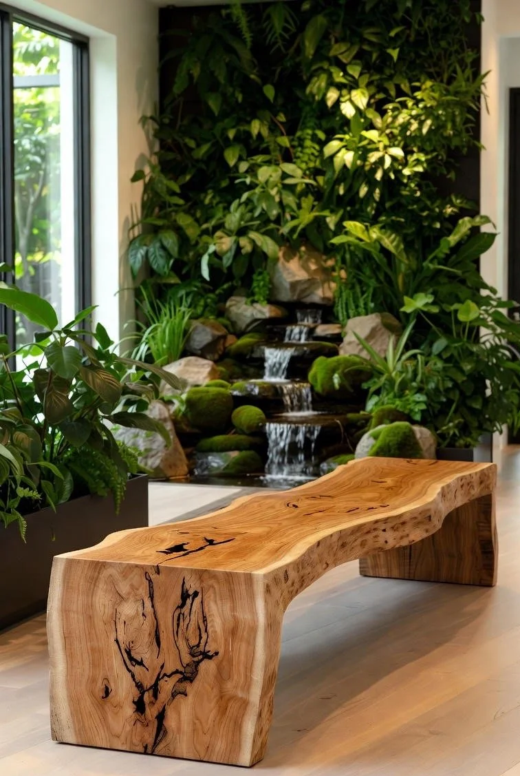 A wooden bench in front of a lush, indoor green wall with a small waterfall feature surrounded by moss-covered rocks.
