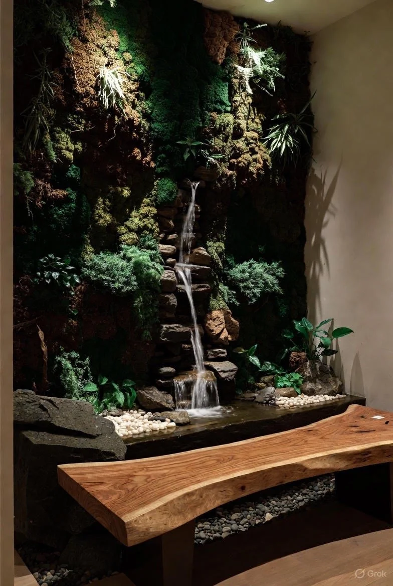 Indoor decorative wall with cascading water feature surrounded by lush green plants and rocks, with a wooden bench in front.
