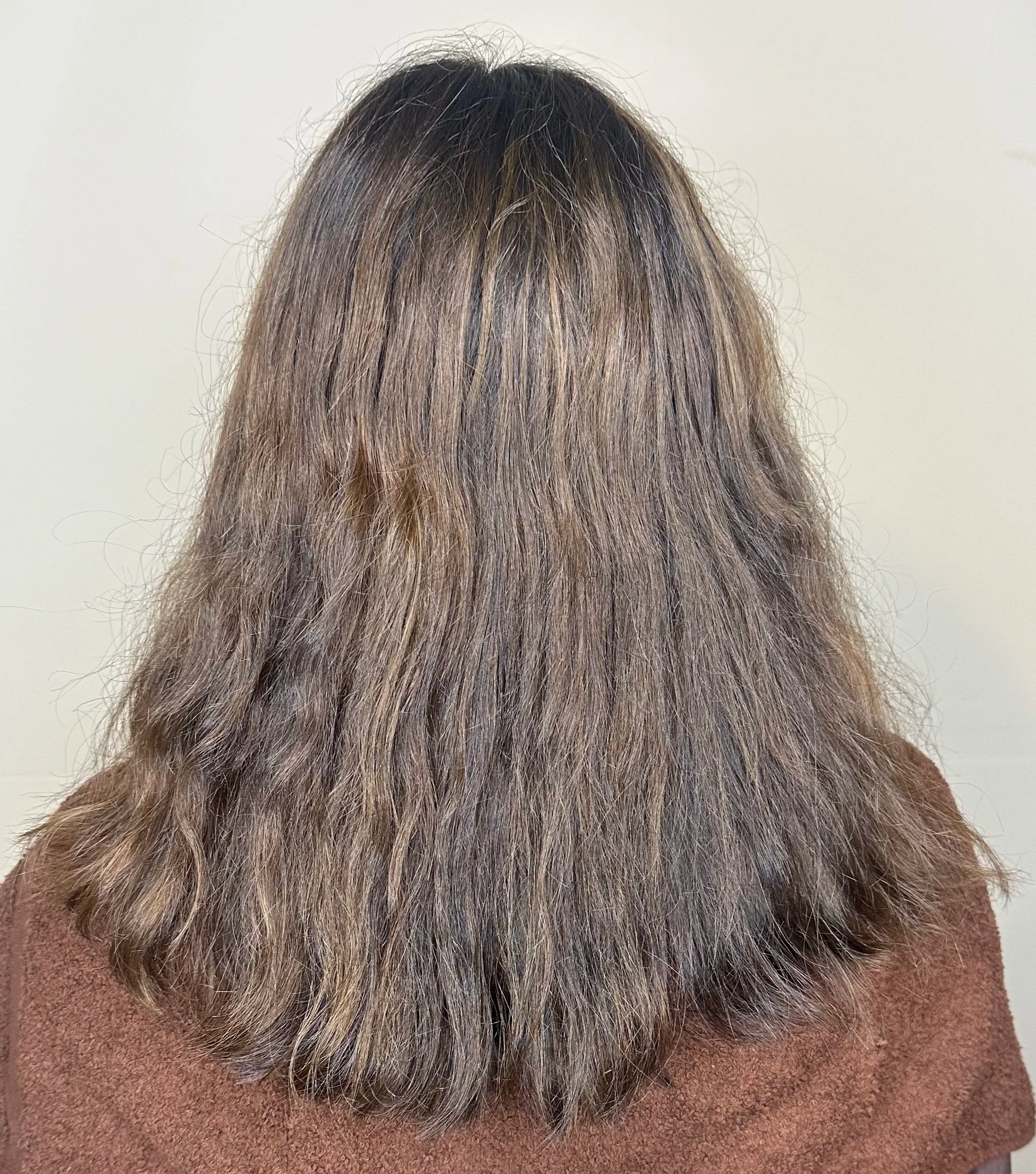 Before: Over-processed highlights had damaged her hair, so the gloss couldn't adhere well. 