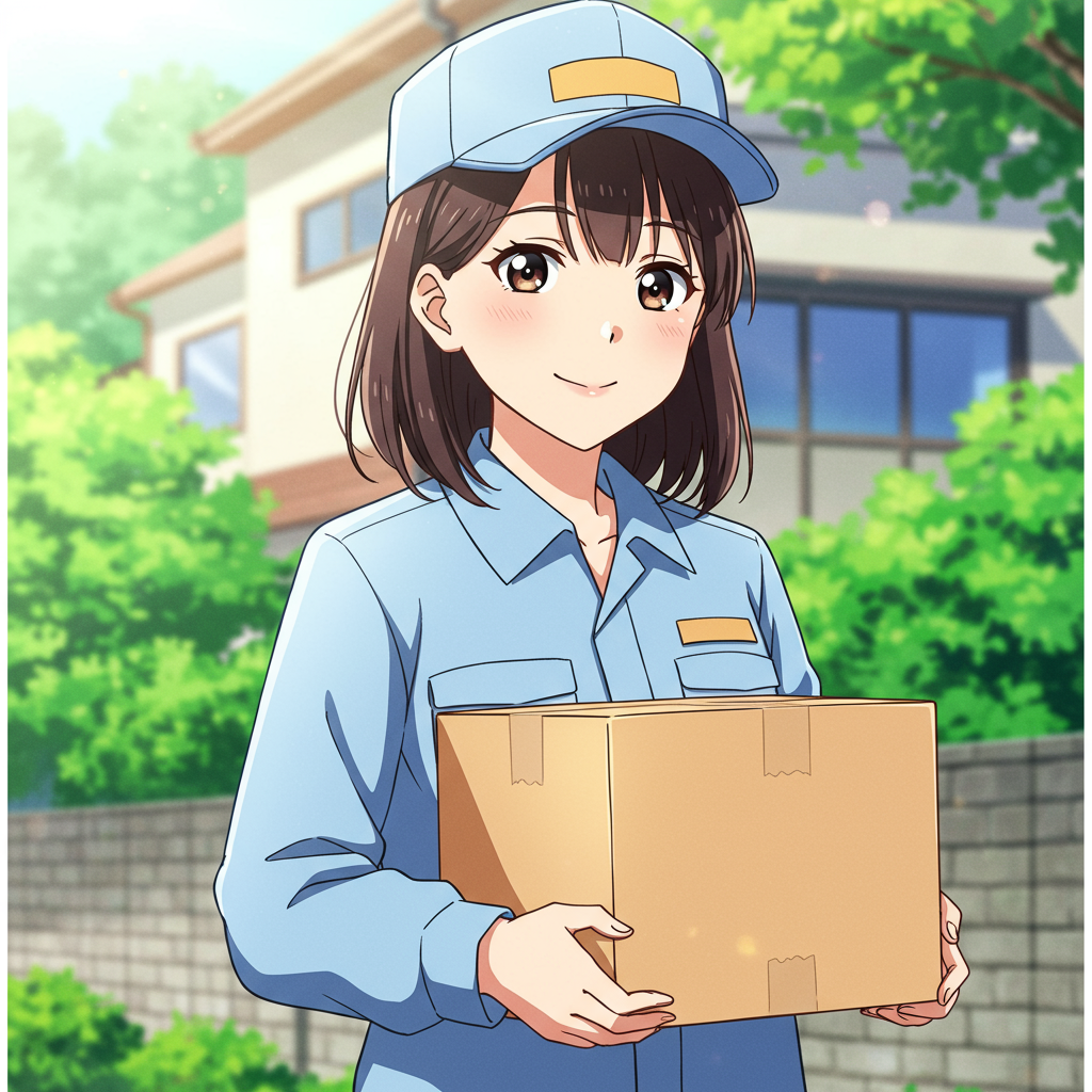 郵便配達員の女性が段ボール箱を持っている
