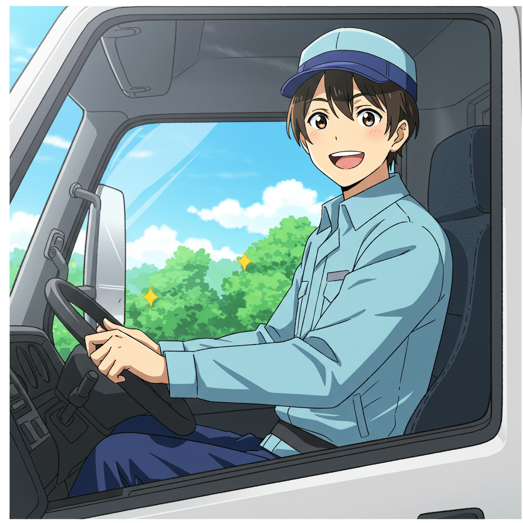 トラックの運転手の若い男性が笑顔で運転席に座っている。背景に青空と緑の木々が見える。