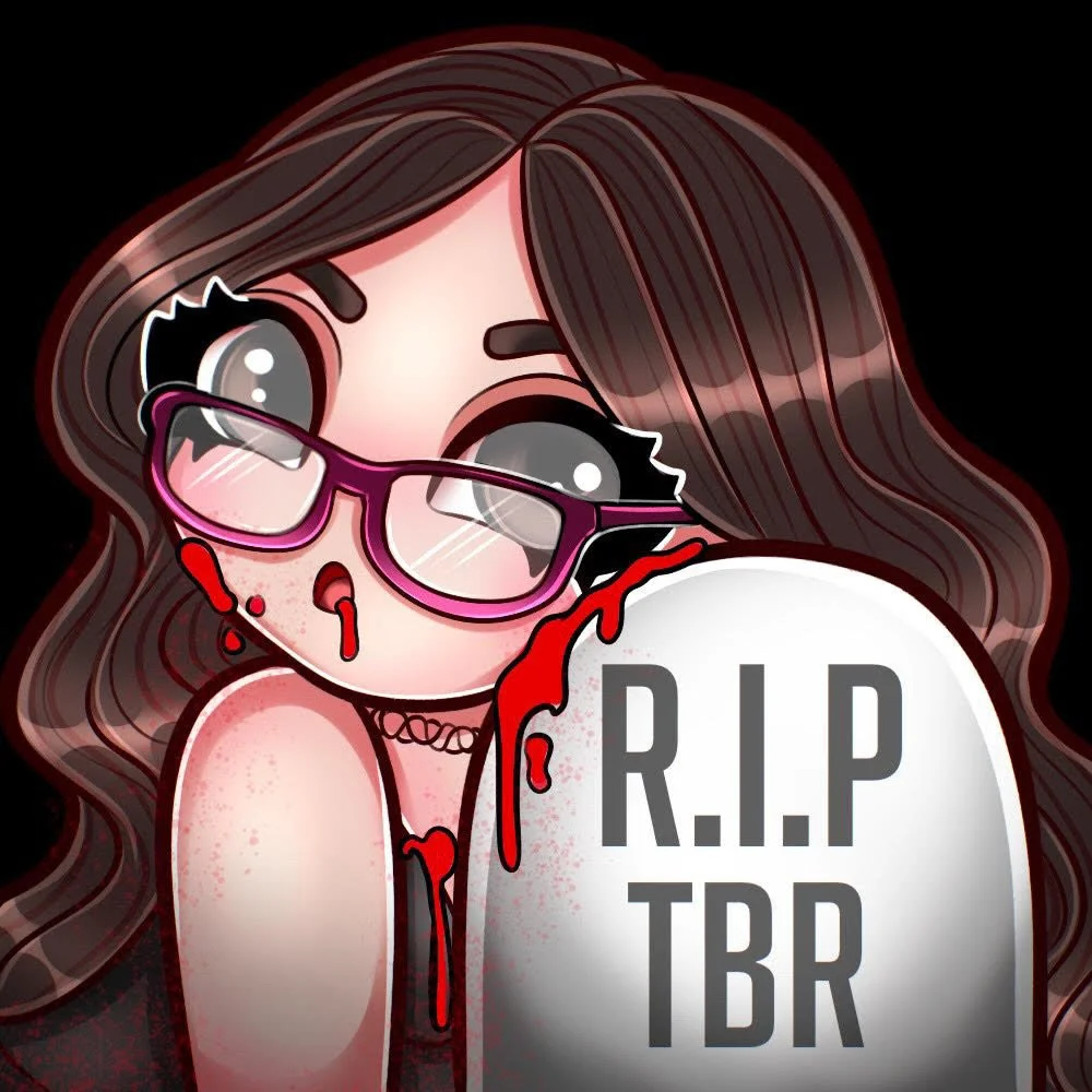 PR Team Member Hayley's cartoon replica of her. The character is wearing glasses and there's a tombstone with "R.I.P. TBR" on it.