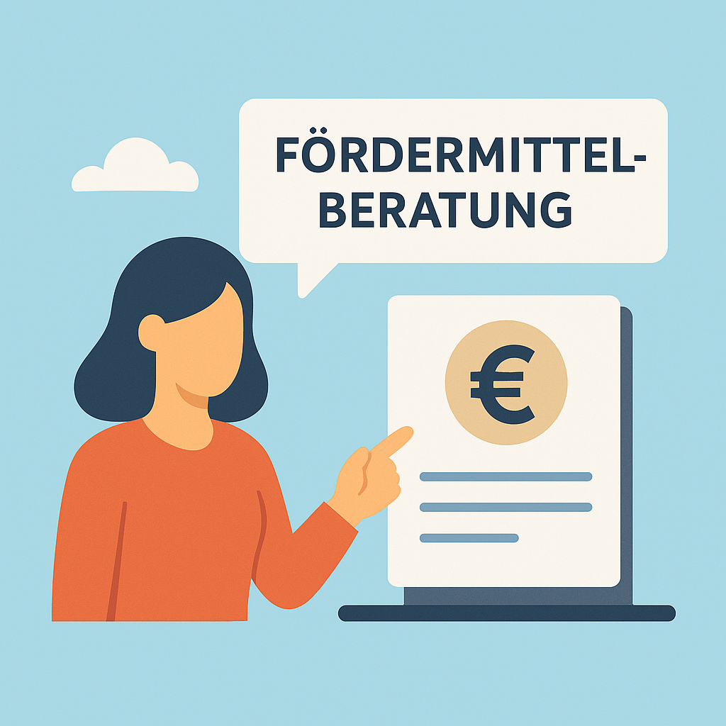 Illustration einer Frau, die auf einen Computerbildschirm zeigt, mit einem Textblock, der 'FÖRDERMITTELBERATUNG' enthält, und einem Eurosymbol auf dem Bildschirm.