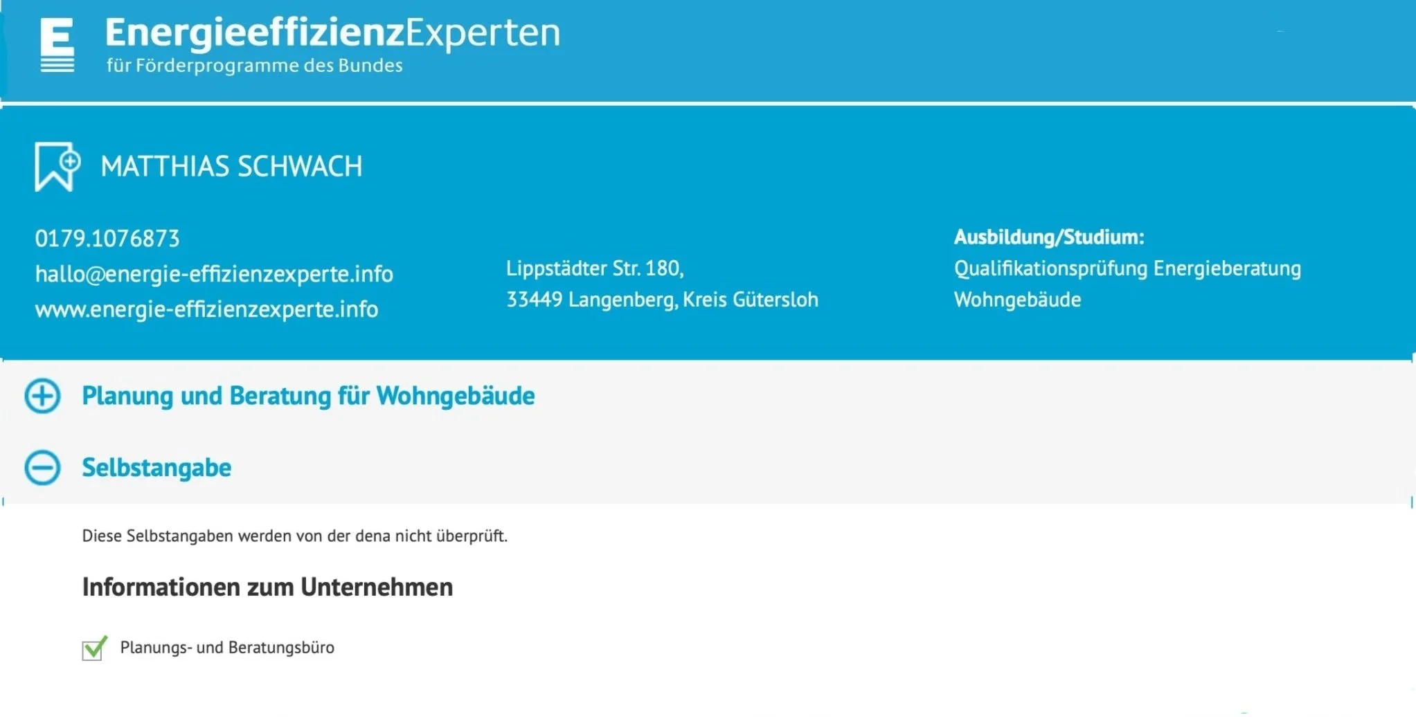 Screenshot: Eintrag in der Energie-Effizienz-Expertenliste