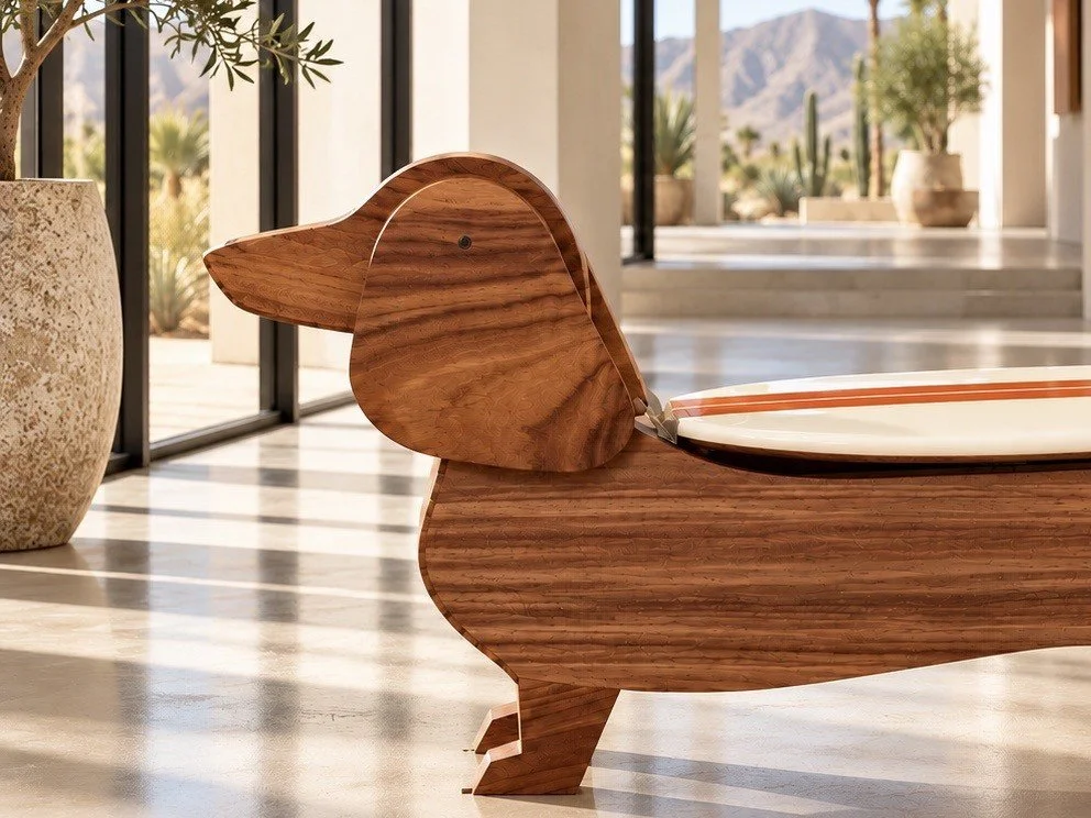 Handcrafted, artisan wooden Dachshund surfboard table
