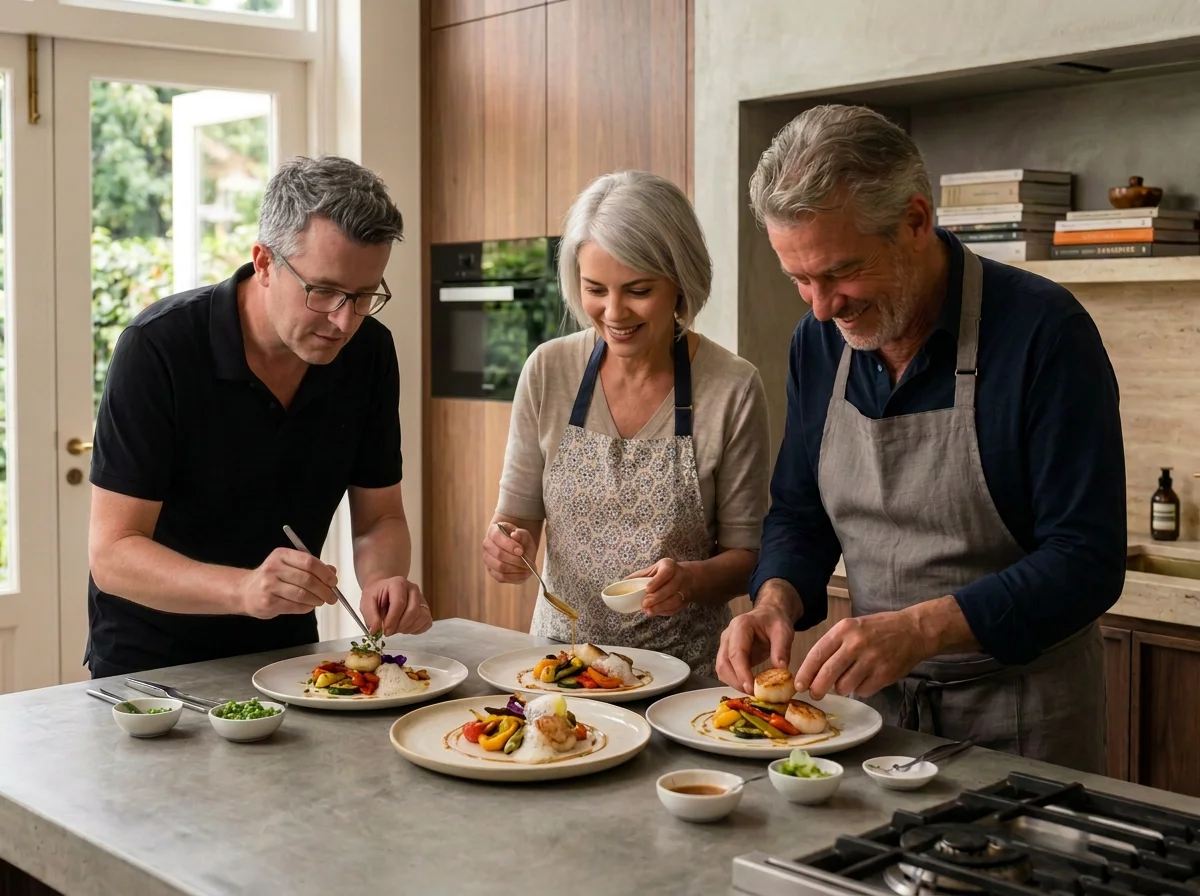 Three adults preparing gourmet dishes in a modern kitchen with large windows, some bowls containing ingredients, and a stovetop in the foreground.