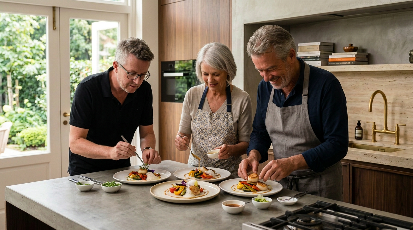 Three people preparing and plating gourmet dishes in a bright, modern kitchen.