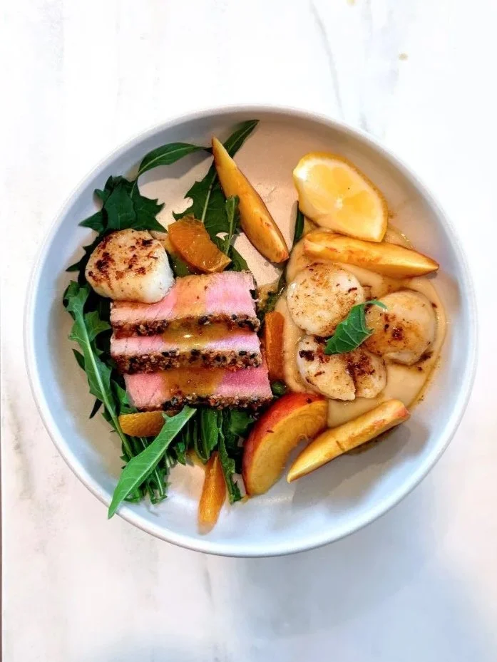 Scallop carpaccio Meyer lemon pickled radish candied cucumber tomato skin chip Ossetia caviar and served to a very famous politician who loved it ;)