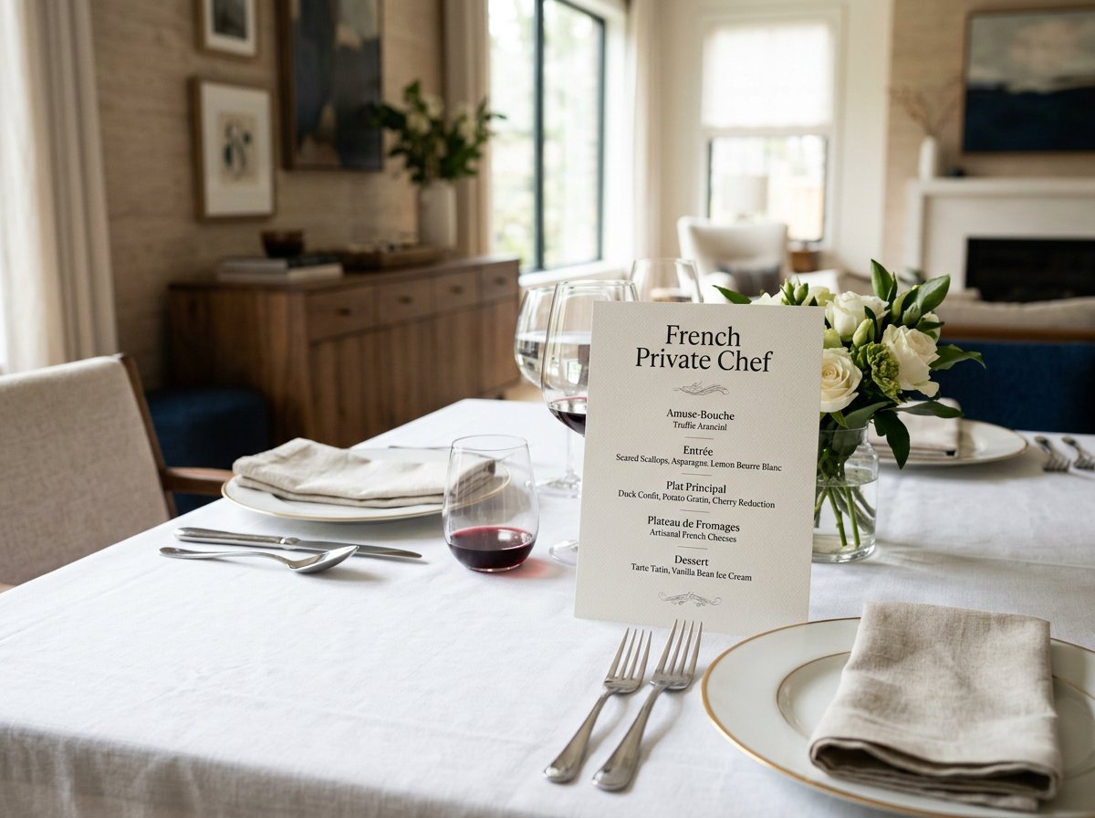 Elegant dining table set with white tablecloth, wine glasses, a floral centerpiece, and a printed menu titled "French Private Chef" in a well-lit, cozy living room.