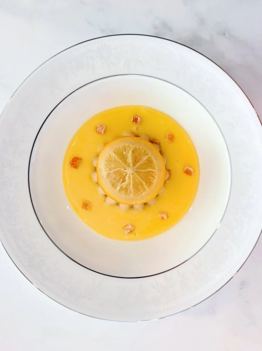 Scallop carpaccio Meyer lemon pickled radish candied cucumber tomato skin chip Ossetia caviar and served to a very famous politician who loved it ;)