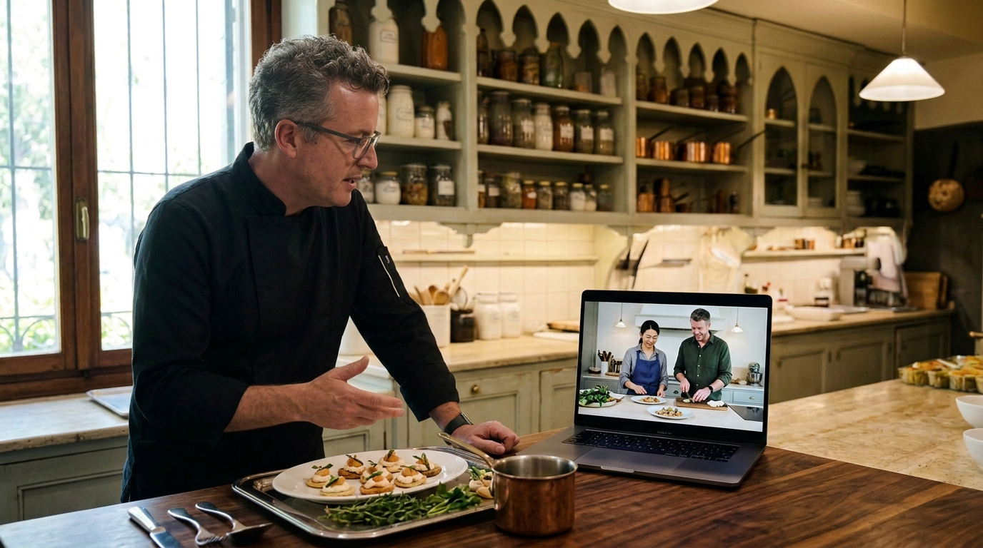 Chef Arno wears a black polo shirt and glasses preparing food in a kitchen while on a video call on a laptop, with two people visible on the screen.