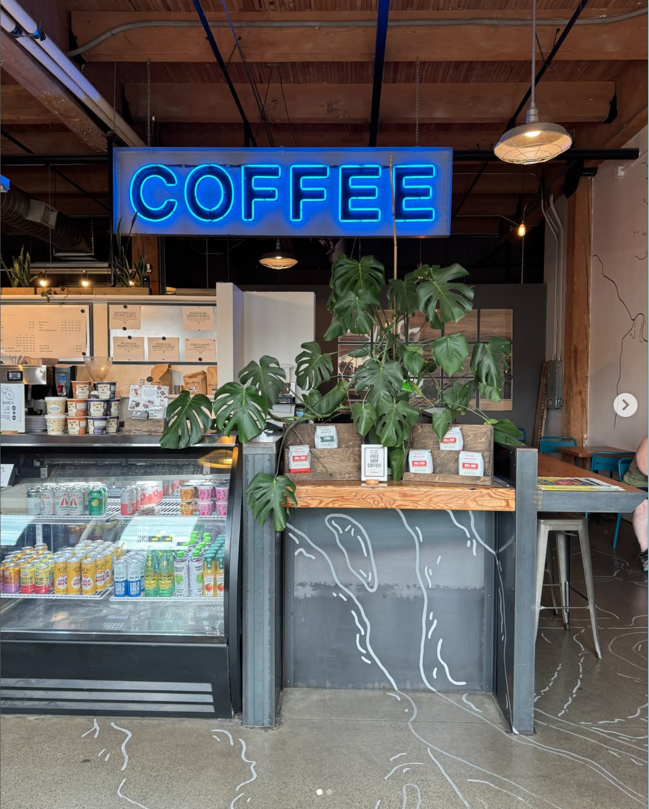Neon blue sign that says 'COFFEE' hangs above a counter with a large Monstera plant and a refrigerated case with drinks in a coffee shop.