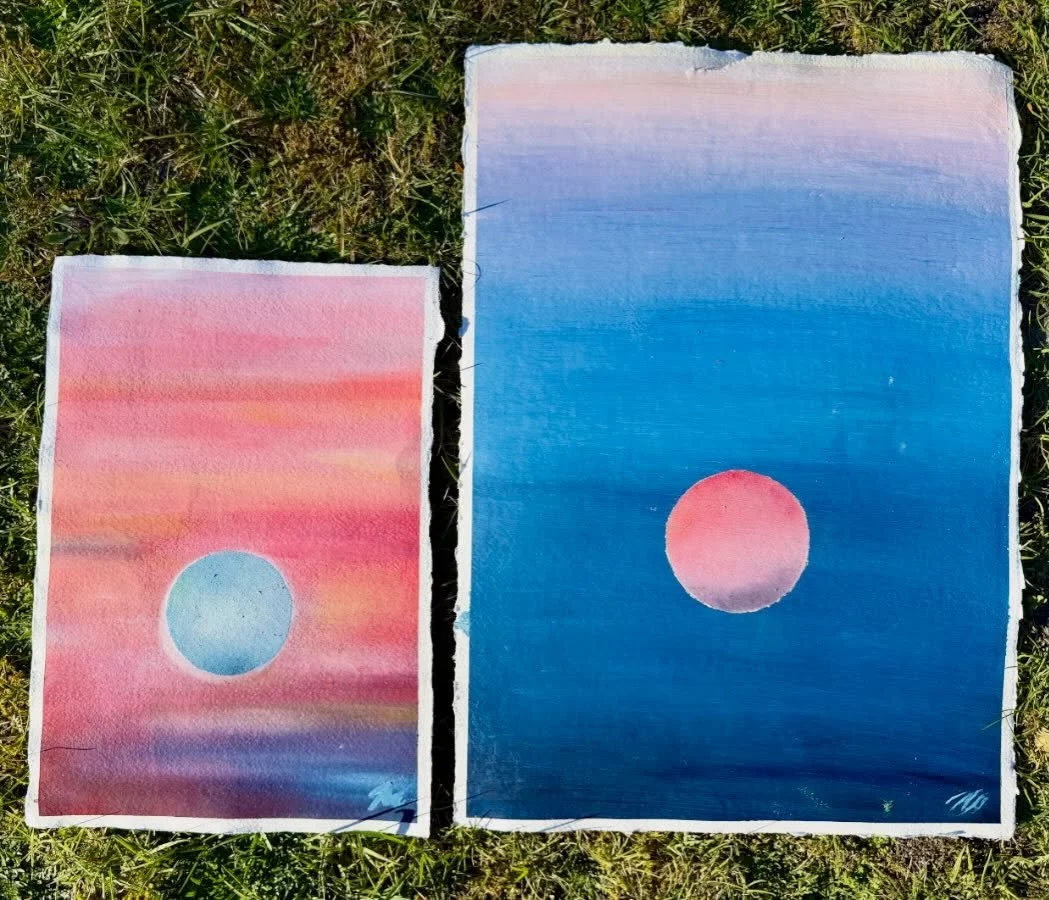 Sunset and inversion | (Oils on paper) on grass