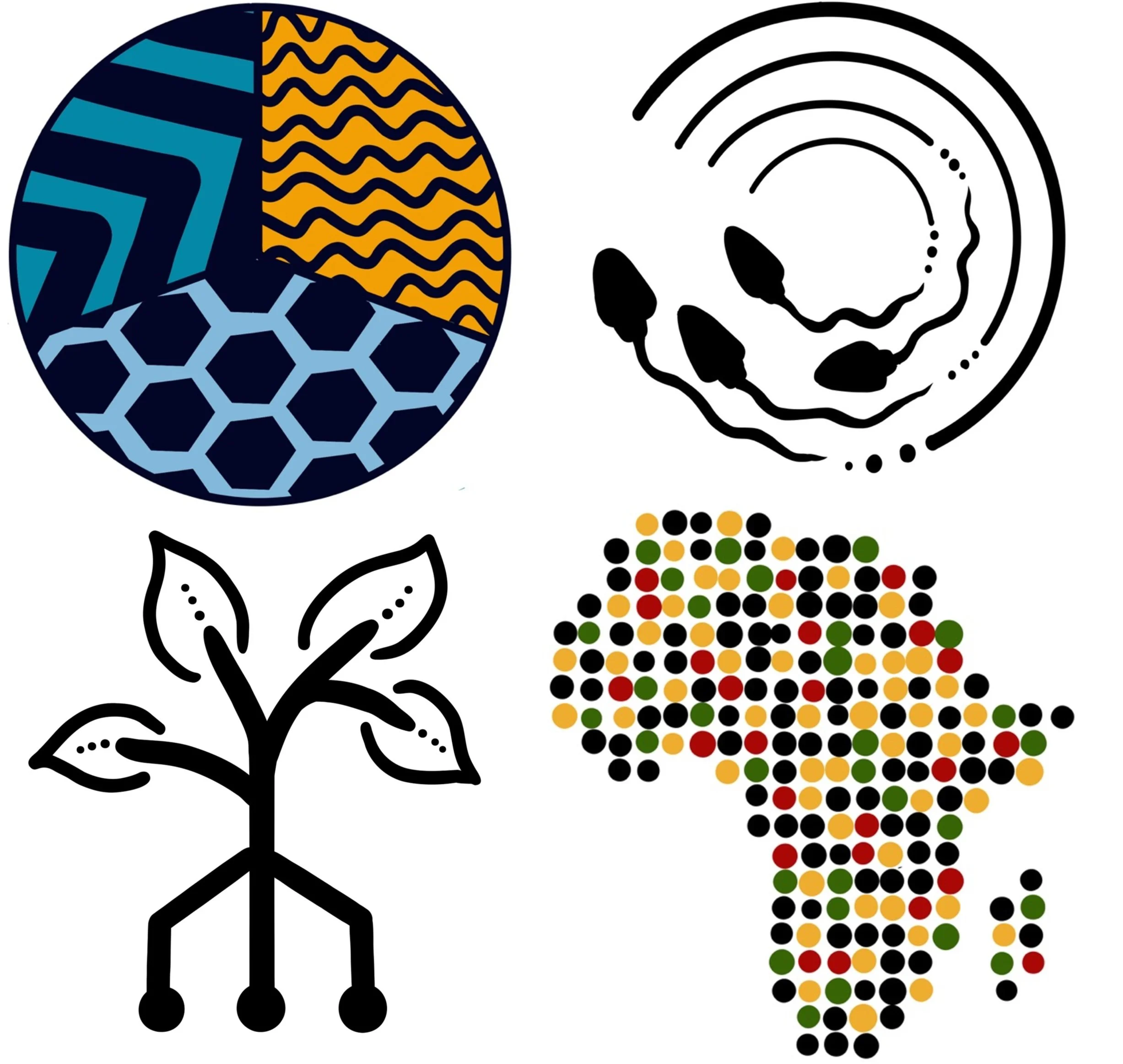 Four abstract illustrations representing sustainability and environmental themes. A colorful globe with geometric patterns, a black and white stylized water swirl, a line drawing of a plant with roots, and the map of Africa filled with multicolored dots.
