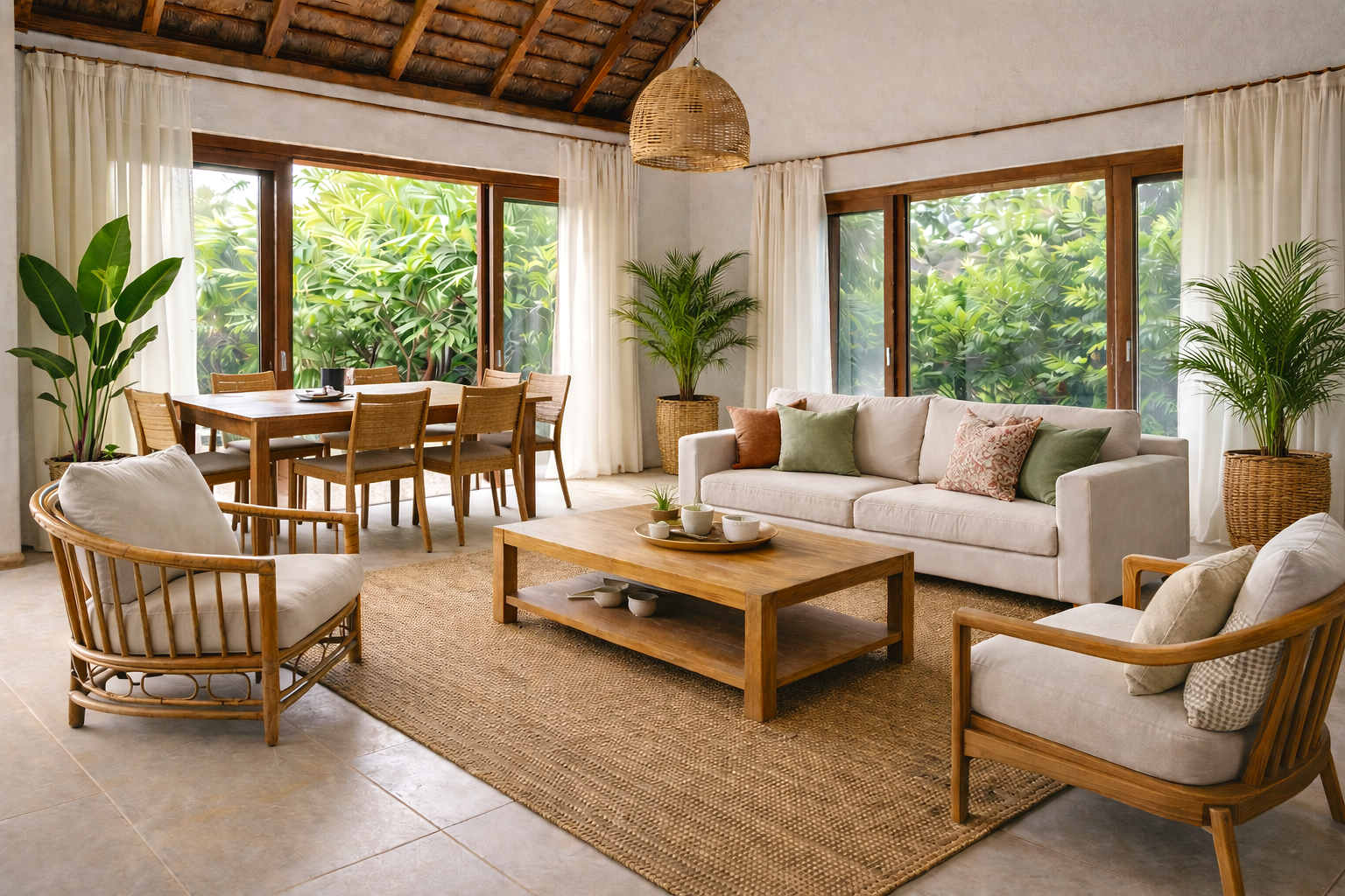 Elevated Rental package, three-person couch, armchairs, a  white sofa with colorful pillows, wooden armchairs, a wooden coffee table, and lush indoor plants.