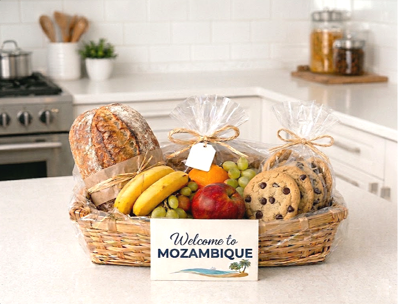 A gift basket containing a loaf of bread, bananas, grapes, a red apple, a small orange, and chocolate chip cookies. The basket has a "Welcome to MOZAMBIQUE" sign in front of it.