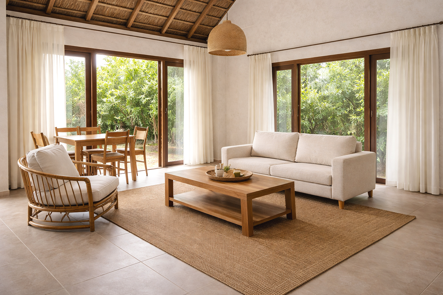 Basic or standard Furniture Rental - Living room with beige sofa, rattan armchair, wooden coffee table, dining table with four chairs, large windows with white curtains. Easy hassle-free furniture package