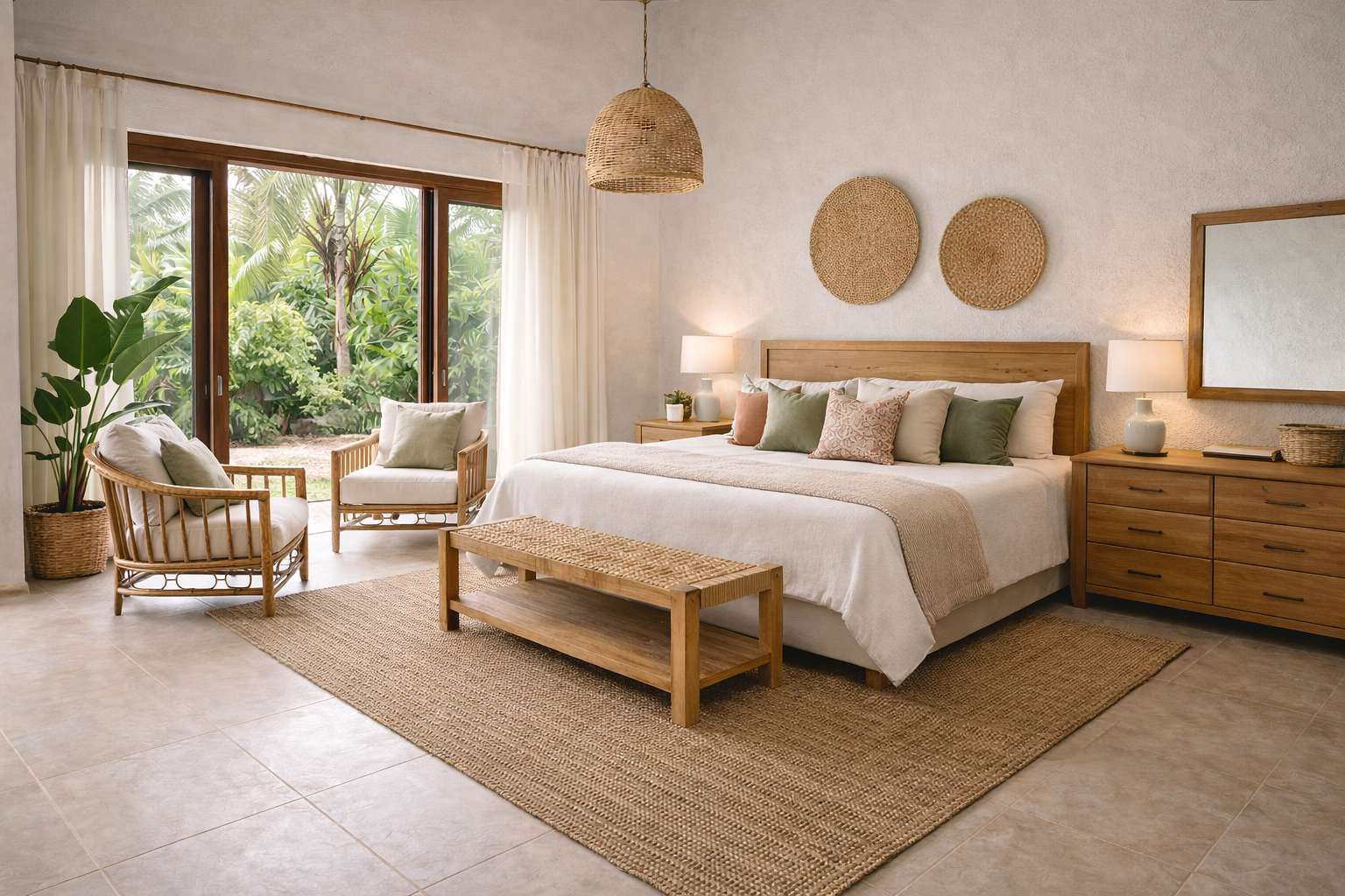 Elevated Furniture Rental Package - Bedroom with a large bed, two bedside lamps, wooden furniture, woven wall decor, wicker bench, armchairs, and large sliding glass door leading to a lush garden in Maputo Mozambique