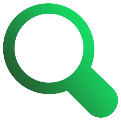 Green magnifying glass icon with pixelated interior in shades of green.