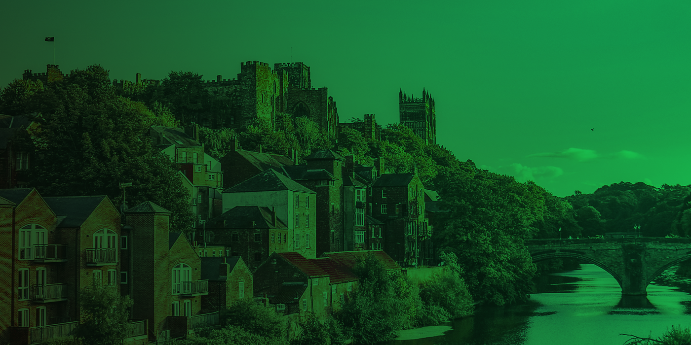 A castle on a hill overlooking a river, with houses and trees in the foreground and a stone bridge crossing the river.