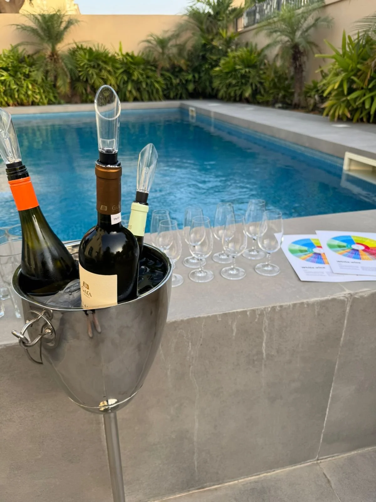 A metal bucket holding three bottles of wine with plastic wine stoppers, set on a stone ledge next to a swimming pool. Several empty wine glasses and color wheel diagrams are arranged on the ledge, with lush green plants and a beige wall in the background.