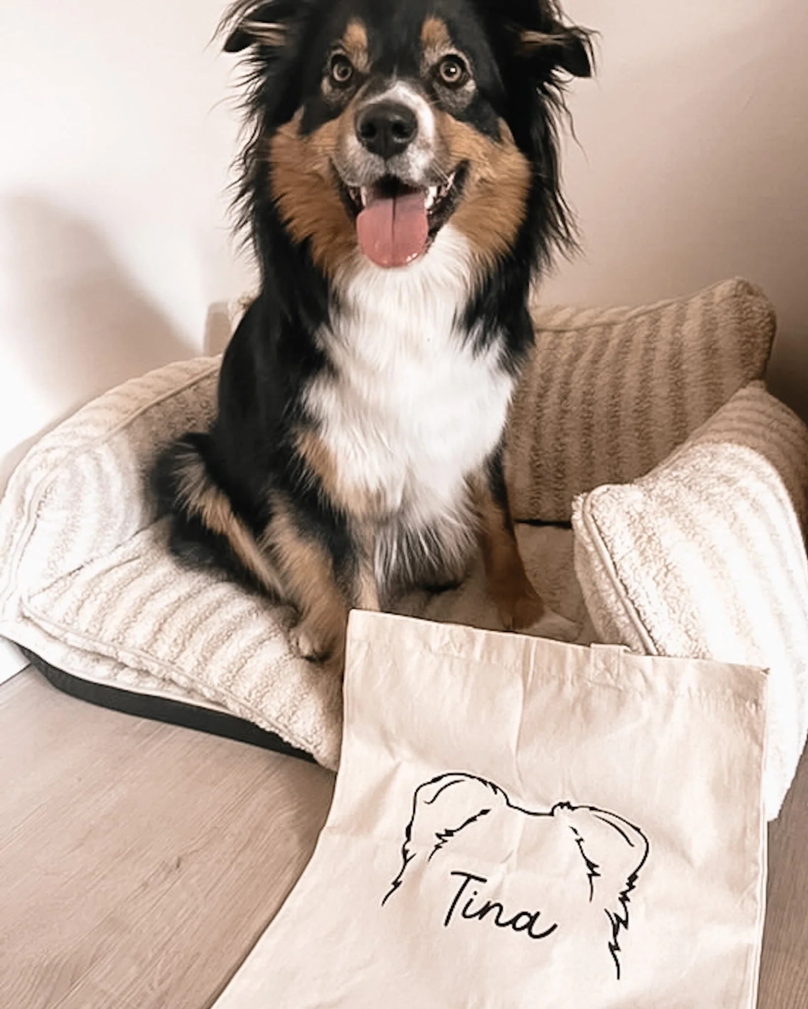 Un chien de race berger australien assis sur un lit, avec un coussin et un sac en tissu portant le nom 'Tina' et une illustration d'une tête de chien.