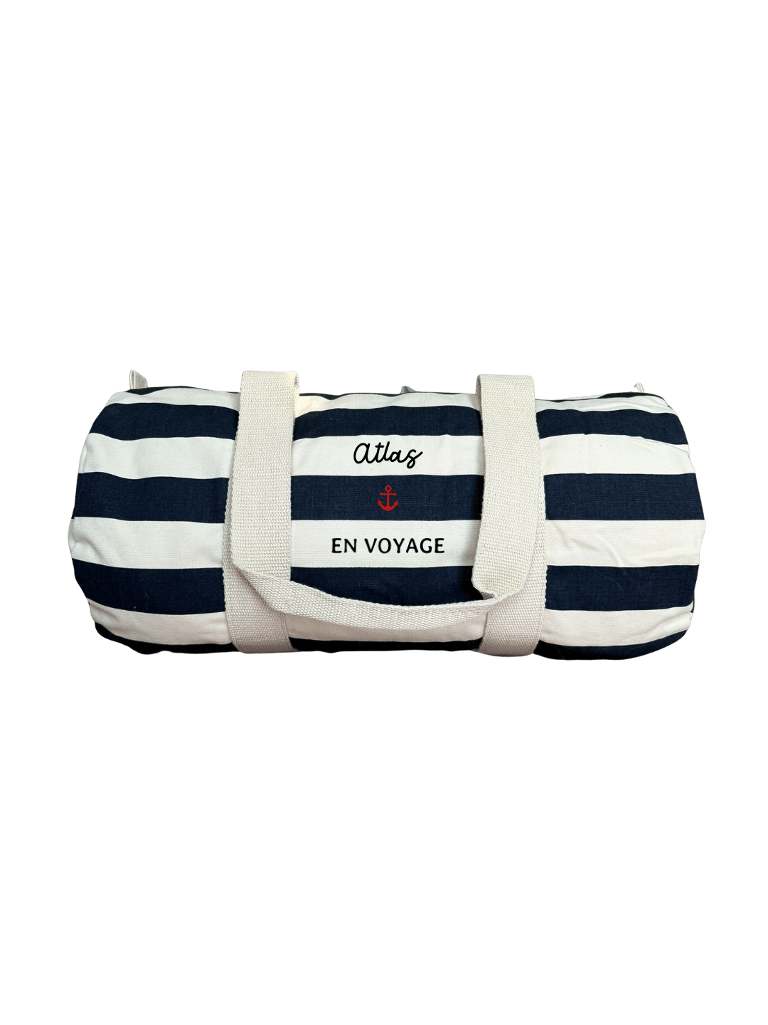 Sac de voyage marinière personnalisé (𝘱𝘳𝘦́𝘯𝘰𝘮, 𝘪𝘤𝘰̂𝘯𝘦 & 𝘱𝘩𝘳𝘢𝘴𝘦) ⋮ En voyage
