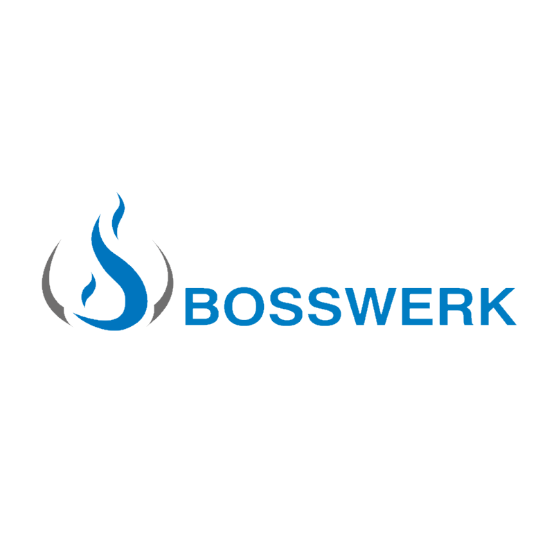 Das Logo zeigt eine stilisierte Flamme in Blau und Grau mit dem Text »BOSSWERK« in blauer Schrift daneben.