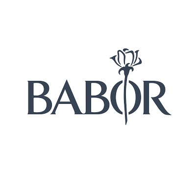 Logo mit dem Text 'BABOR' und einem stilisierten Blumen- oder Pflanzenmotiv, das wie eine Rose aussieht.