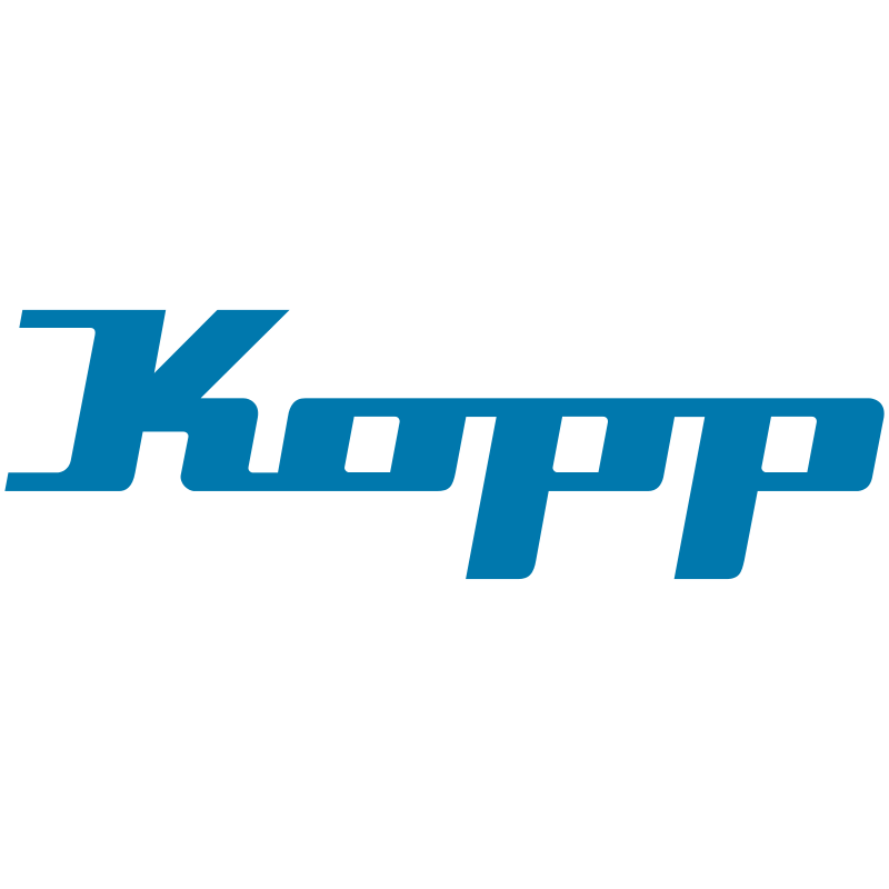 Das Logo von Kopp in blauer Schrift auf schwarzem Hintergrund.