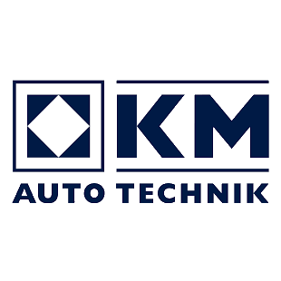 Logo von KM Auto Technik mit einem geometrischen Symbol und dem Firmennamen in Blau