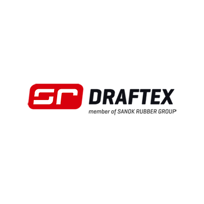 Das Logo von DRAFTEX, einem Hersteller der SAMOK Gummi Group, mit roten, weißen und schwarzen Elementen.