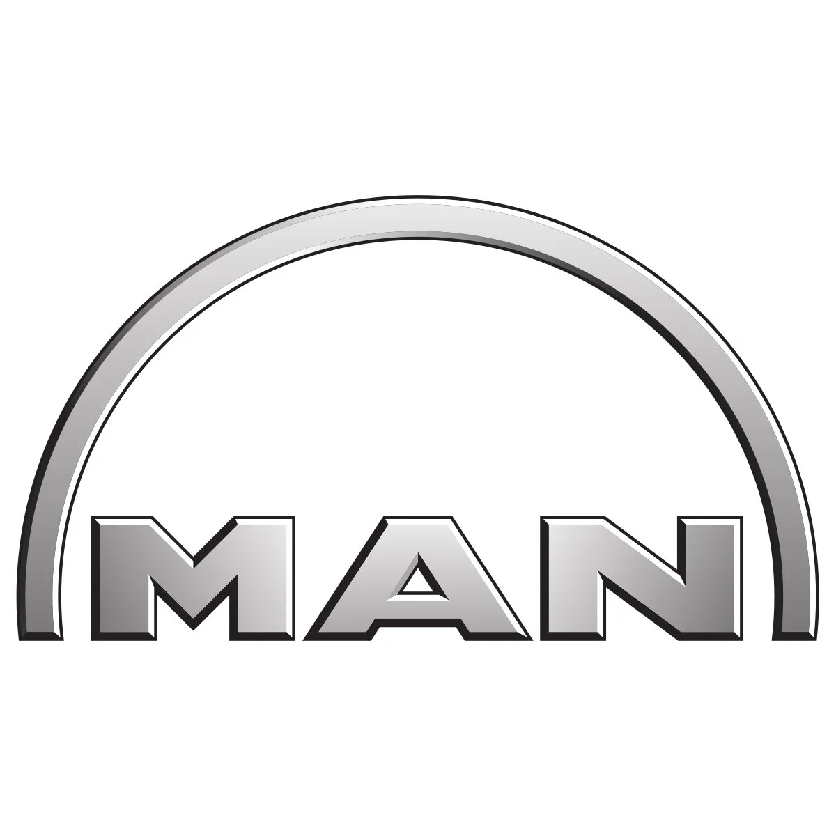 Das Bild zeigt ein Logo mit dem Wort 'MAN' in großen, silbernen Buchstaben unter einem halbkreisförmigen Rahmen.