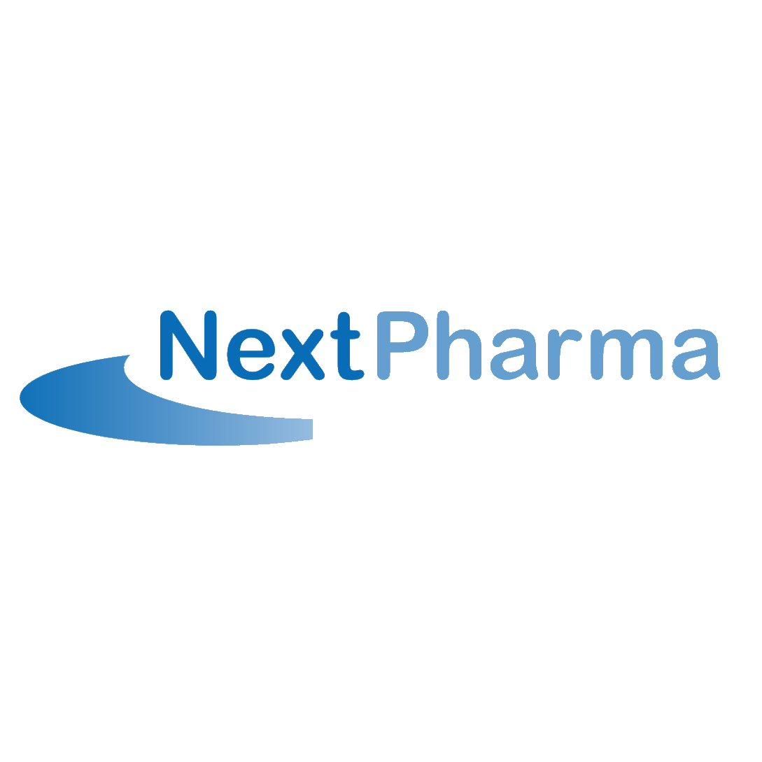 Logo von NextPharma, bestehend aus einem blauen Pfeil und dem Text 'NextPharma'