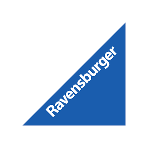 Dreieckiges Logo mit blauer Farbe und weißen Text "Ravensburger" auf der Diagonalen