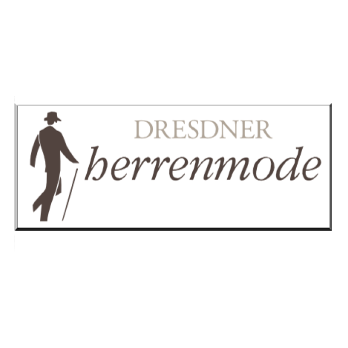 Logo eines Modegeschäfts mit einem stilisierten Mann in Anzug und Hut, der einen Spazierstock trägt, und den Text 'Dresdner Herrenmode'.