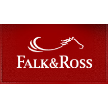 Falk & Ross Logo auf rotem Hintergrund, mit einem weißen Pferdekopf und Wellenlinien.