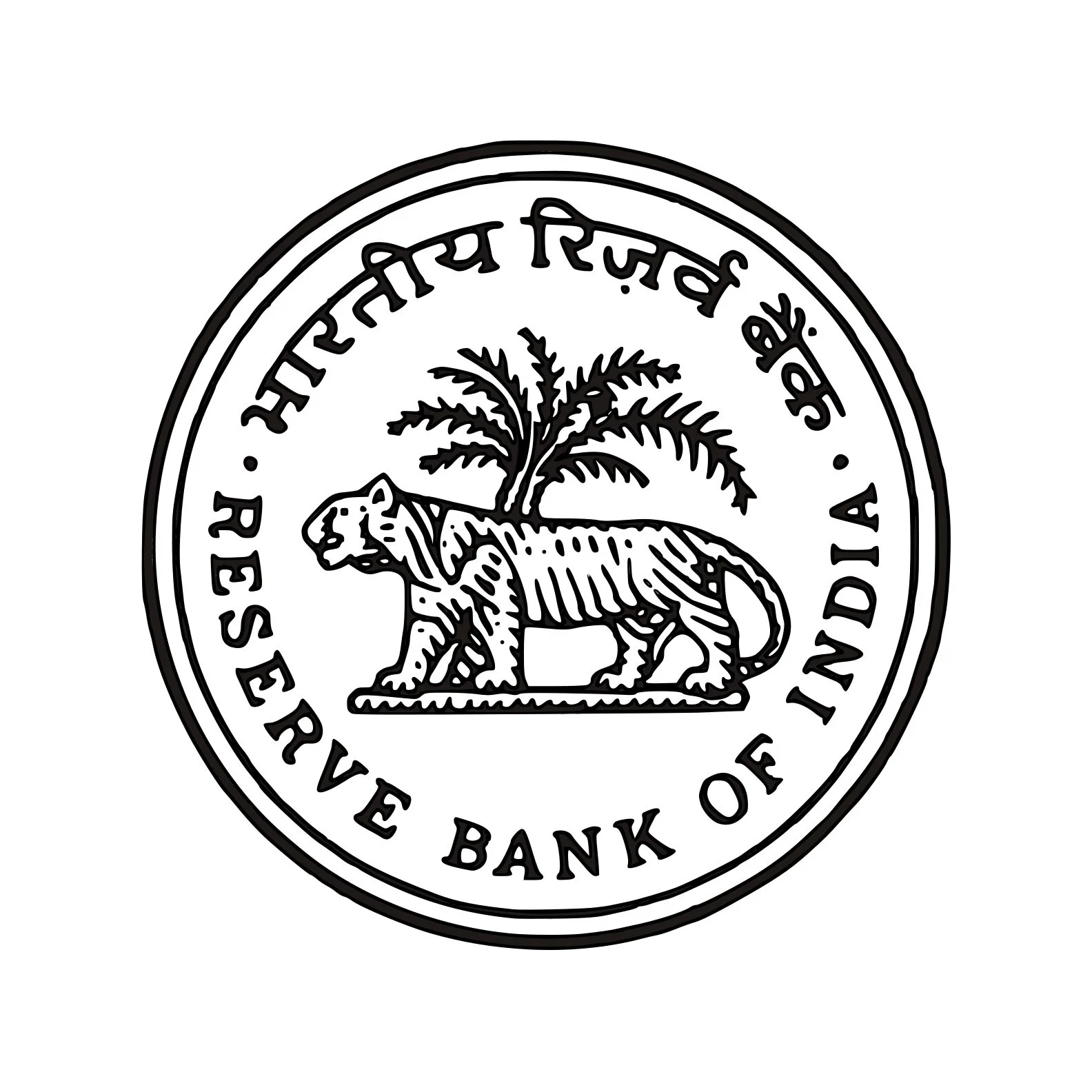Abbildung des Emblems der Reserve Bank of India mit einem Löwen, Palmen und der Aufschrift in Hindi und Englisch.