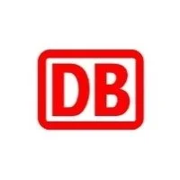 DB-Logo, deutsches Bahn-Logo, rotes Rechteck mit weißen Buchstaben 'DB'.