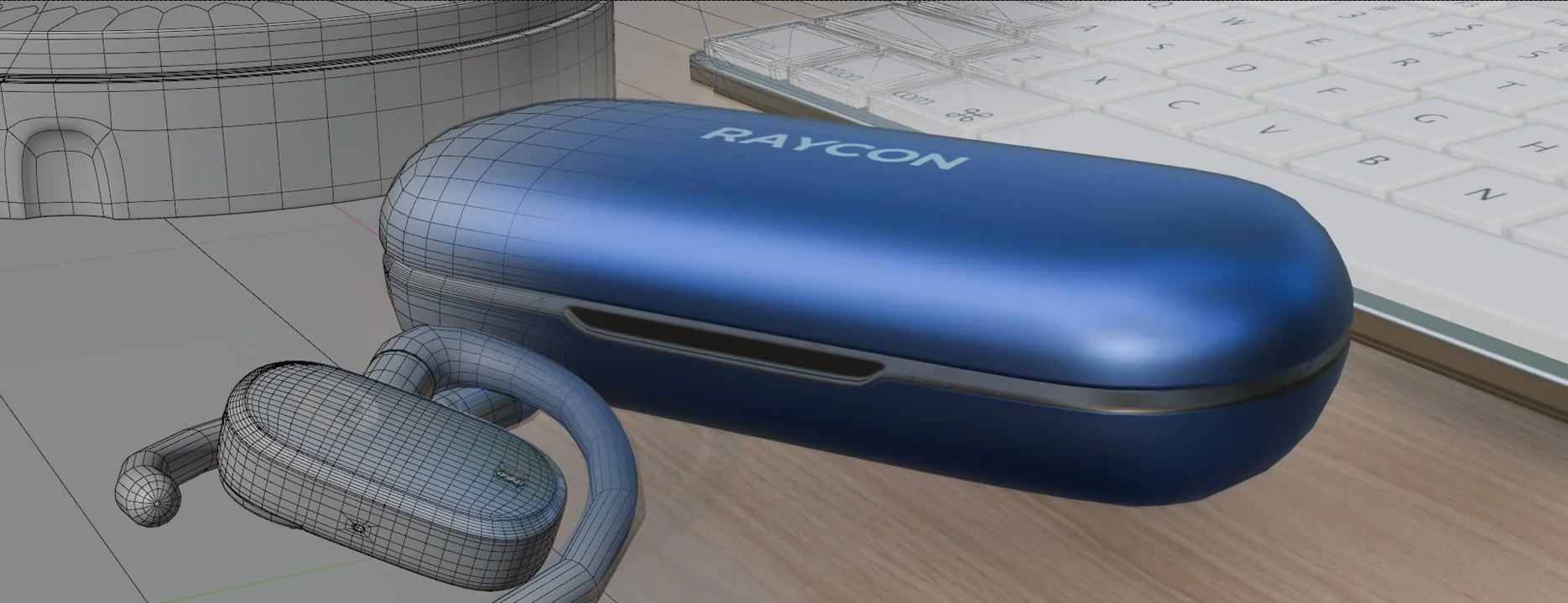Wireframe 3D render of Raycon wireless earbuds and charging case. High-detail product visualization with realistic materials and lighting.
