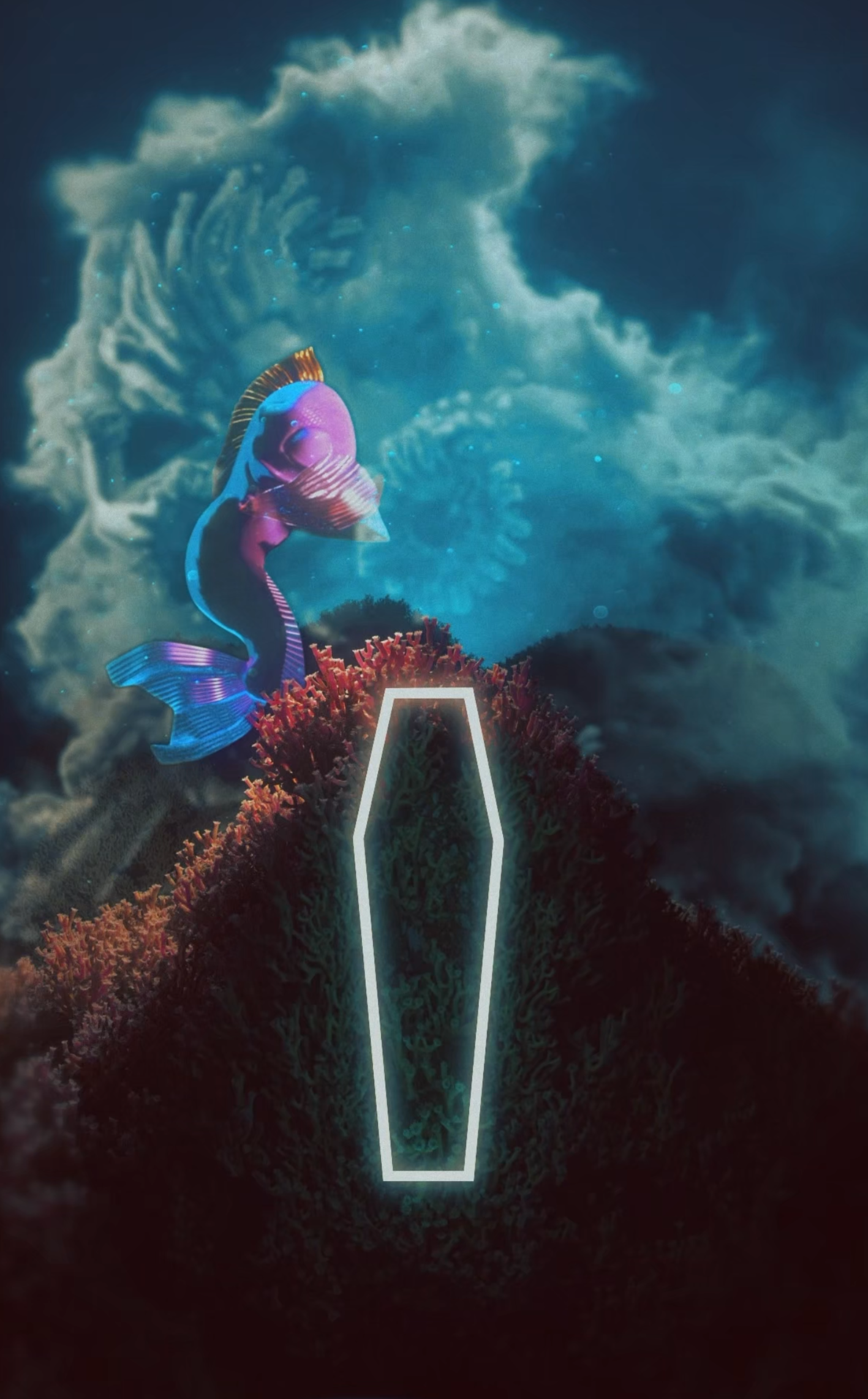 Digital background showing a 3d set with glass and a scale cartoonish scale model lit by spotlights